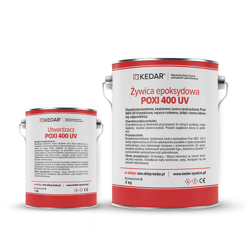 Żywica epoksydowa POXI 400 UV - krystaliczna, wysoce rozlewna, dzięki czemu łatwo się odpowietrza. Charakteryzuje ją doskonała przyczepność do różnych podłoży, niska lepkość i wysoka przezroczystość.