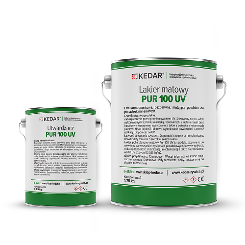 Lakier poliuretanowy matowy Pur 100 UV. Produkt stosowany do wewnątrz we wszystkich systemach posadzkowych, łatwy w aplikacji, o dużej odporności chemicznej i mechanicznej