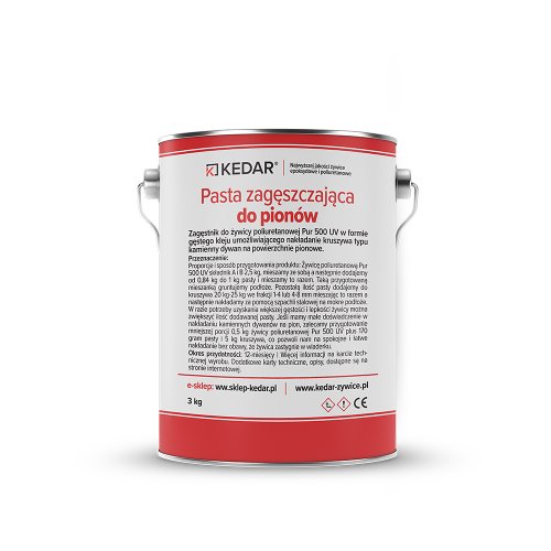 Pasta zagęszczająca do pionów Zagęstnik do żywicy poliuretanowej UV Fast w formie gęstego kleju umożliwiającego nakładanie kruszywa typu kamienny dywan na powierzchnie pionowe.